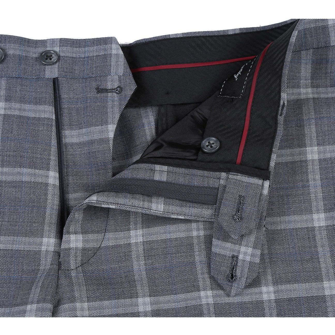 A mannequin featuring the ENGLISH LAUNDRY Gray Plaid Notch Wool Suit, product code EL72-60-092, by English Laundry, paired with a crisp white shirt and an orange patterned tie.