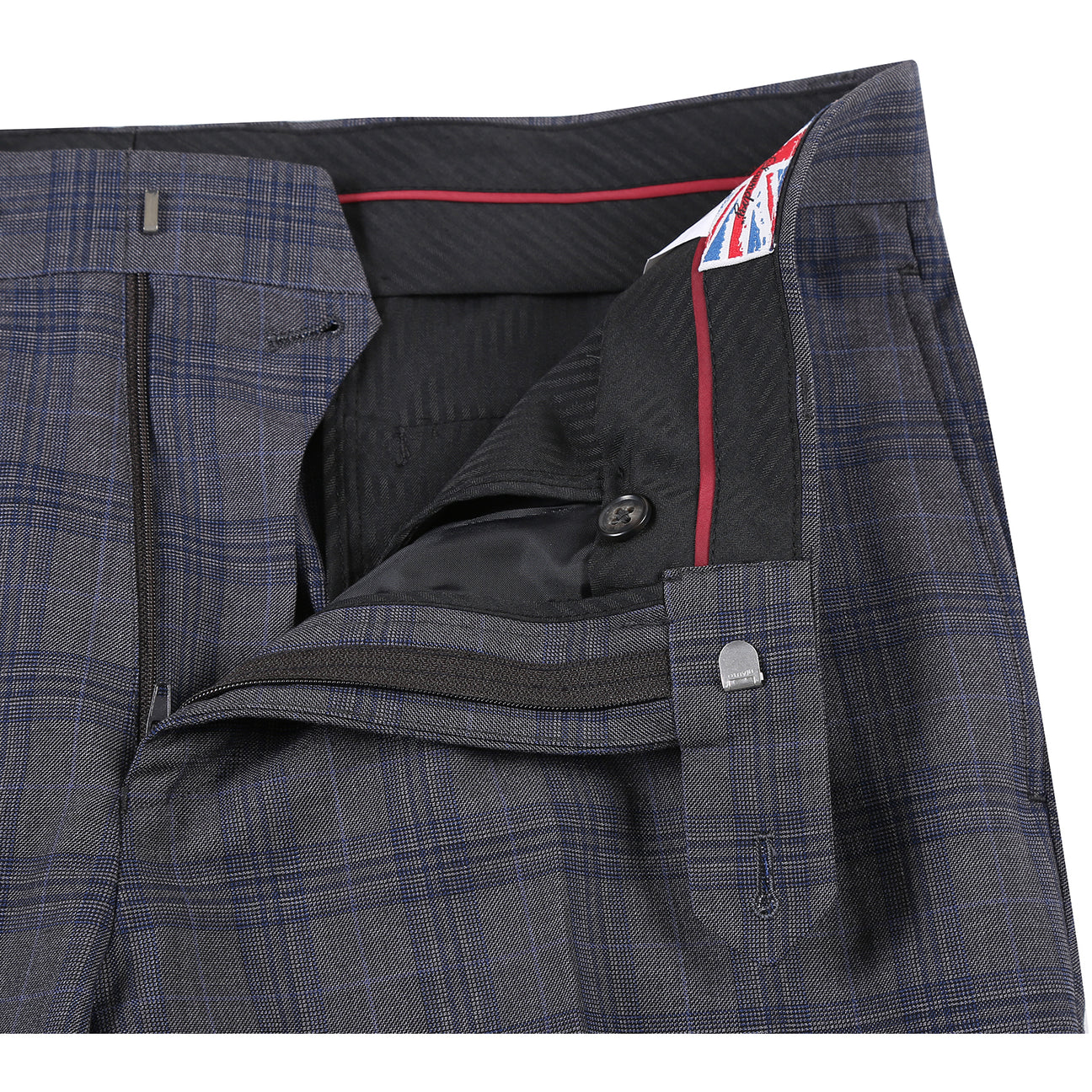 The ENGLISH LAUNDRY Gray Check Suit 22-57-500EL by English Laundry, a slim fit plaid jacket with a single black button, is shown over a white shirt and black tie on a headless mannequin against a white background.