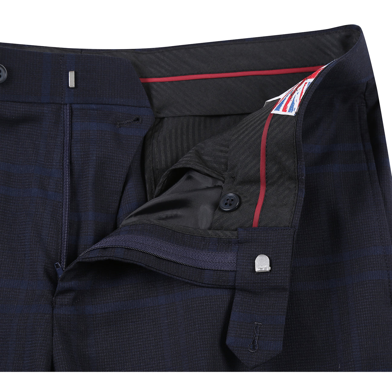 The ENGLISH LAUNDRY Navy Check Suit 22-20-410EL by English Laundry features a slim fit jacket with notched lapels, two-button closure, white dress shirt, and blue patterned tie—perfect for any formal occasion.