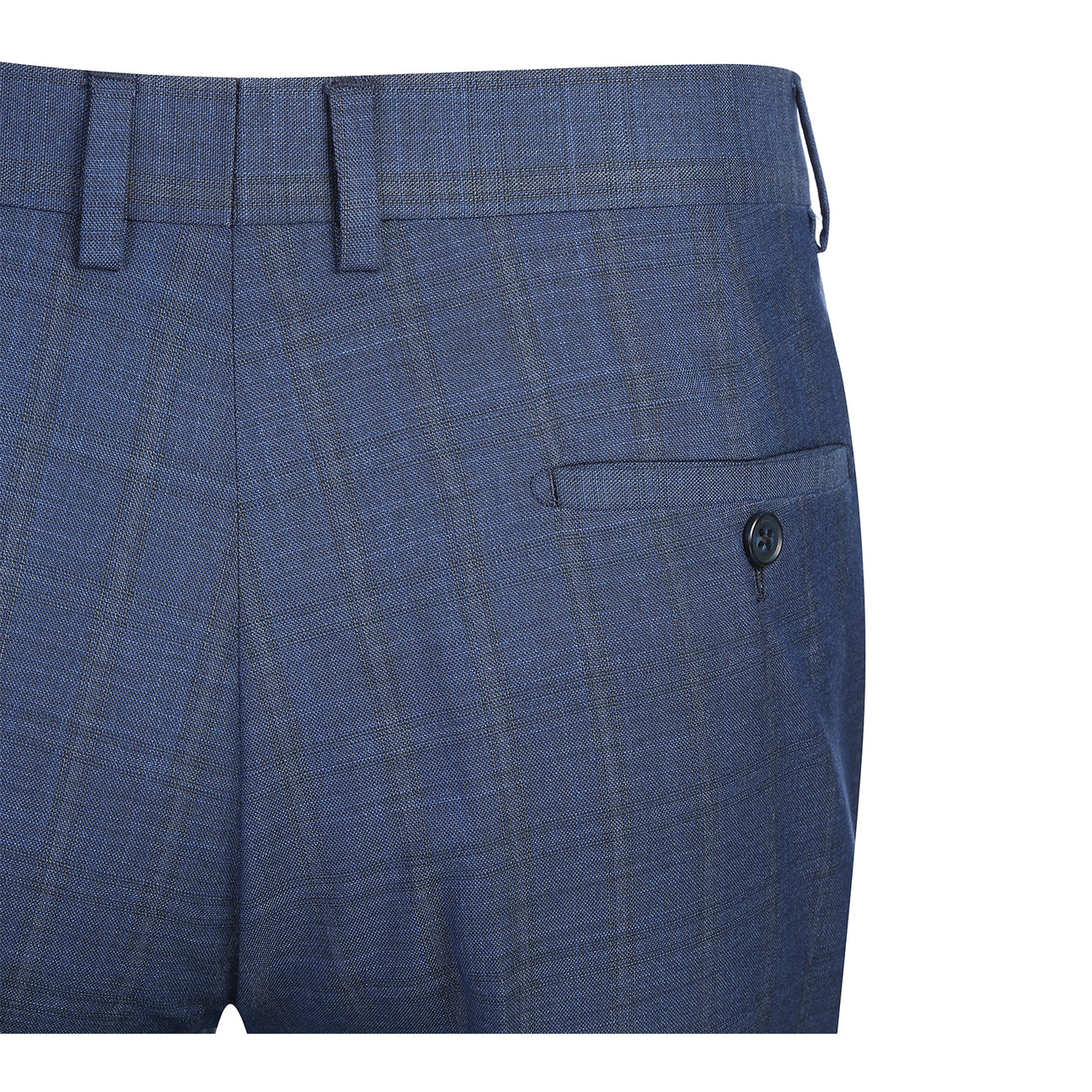 The ENGLISH LAUNDRY Blue Check Suit 22-52-402EL by English Laundry features a slim fit jacket with notch lapels and two-button closure, shown with a white dress shirt and red patterned tie on a mannequin.