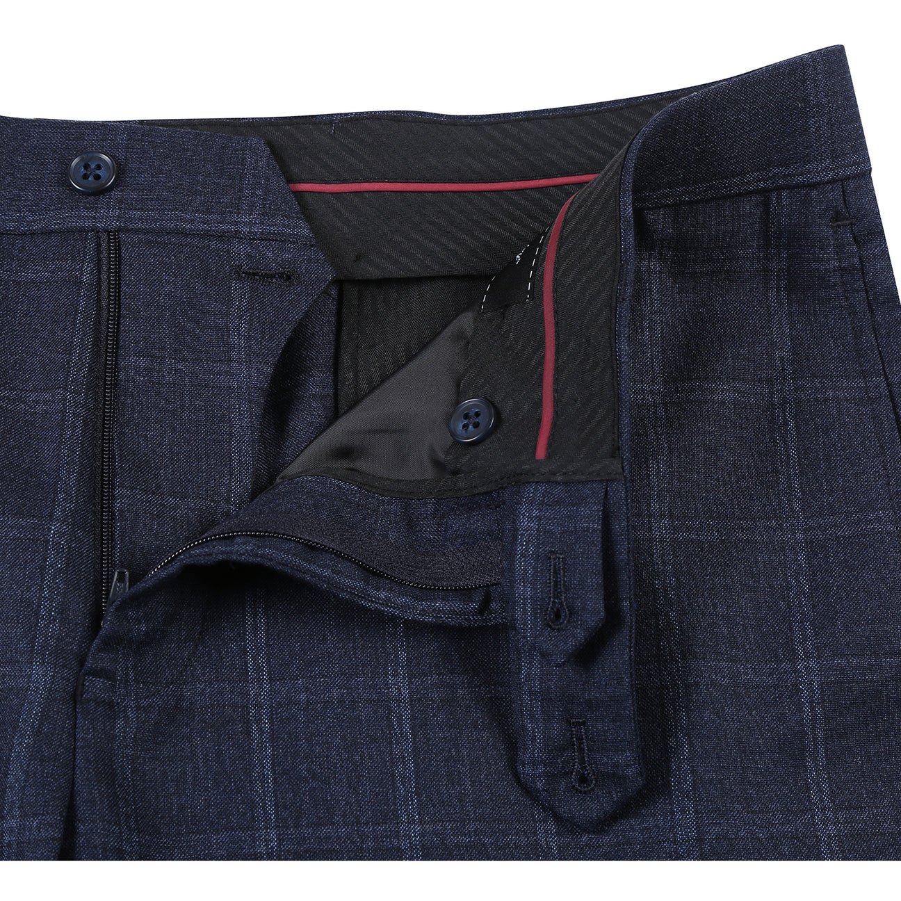 The ENGLISH LAUNDRY Navy Check Suit EL12-52-412 by English Laundry features a modern slim fit, shown here styled on a mannequin with a white dress shirt and striped tie for a sharp contemporary look.