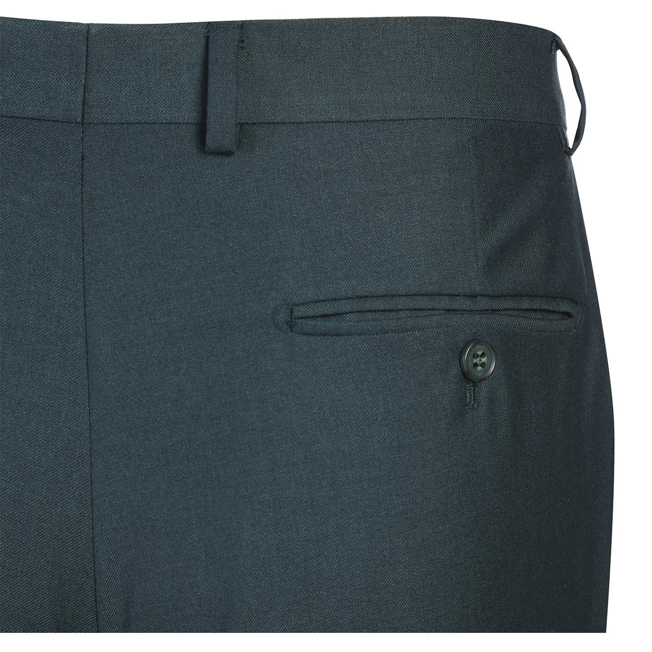 The Renoir Alessandro Vitello 2-Piece New Slim Fit Forest Green Suit (201-13) is shown over a white dress shirt with a blue striped tie, displayed on a mannequin against a white background.