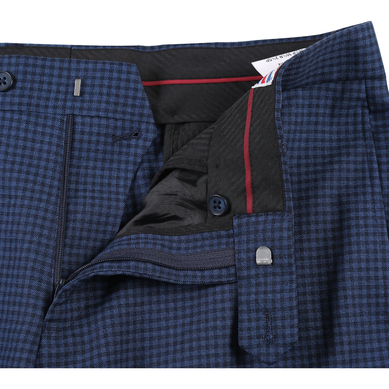 The ENGLISH LAUNDRY Navy Check Suit 22-10-412EL by English Laundry is a slim fit jacket with a two-button closure, styled with a white dress shirt and red patterned tie on a headless mannequin.