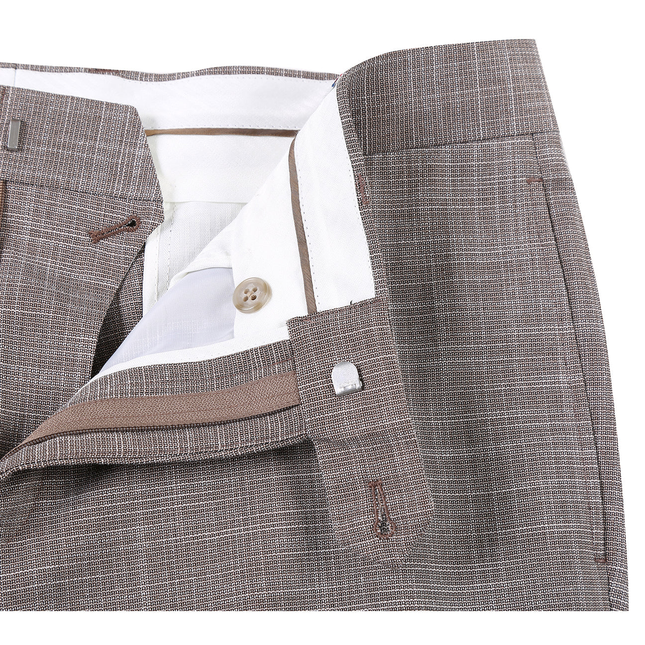 The ENGLISH LAUNDRY Brown Check Suit 22-18-652EL by English Laundry is a slim fit blazer with notch lapels, two-button closure, and patch pockets, shown over a white dress shirt and blue striped tie on a mannequin.