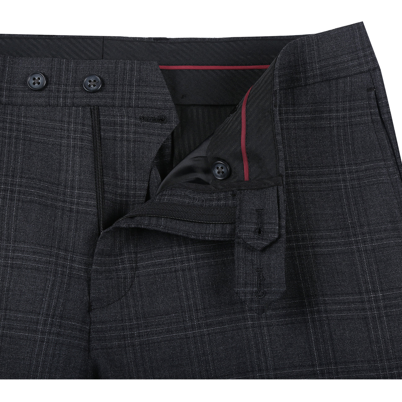 The ENGLISH LAUNDRY Dark Gray Check Suit EL12-58-095 by English Laundry is shown on a mannequin, styled with a white dress shirt and striped tie for a timeless men's suit ensemble.