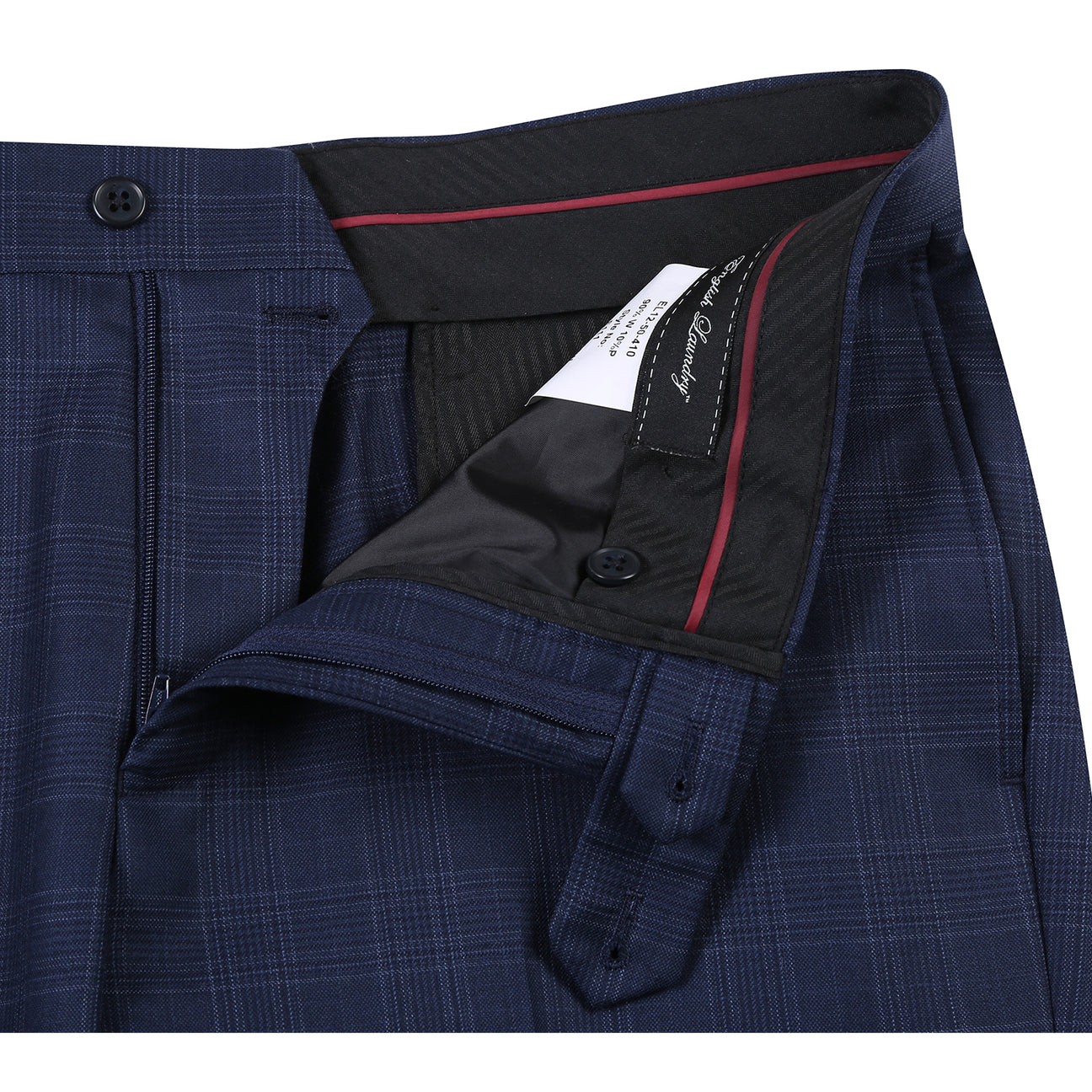 The ENGLISH LAUNDRY Blue Check Suit EL12-50-410 by English Laundry features a classic blue check pattern with notch lapels, paired with a white dress shirt and red patterned tie—an elegant, timeless men's style.