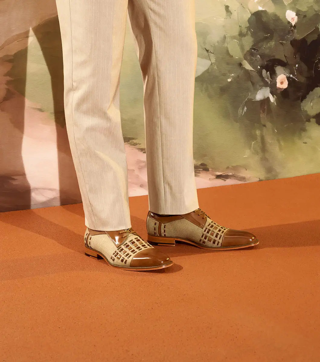 The Stacy Adams Halstead Cap Toe Oxford (Tan Multi, 25765-238) features tan calf leather, beige fabric with a lattice cutout upper, brown laces, and a Memory Foam footbed—shown on a white background.