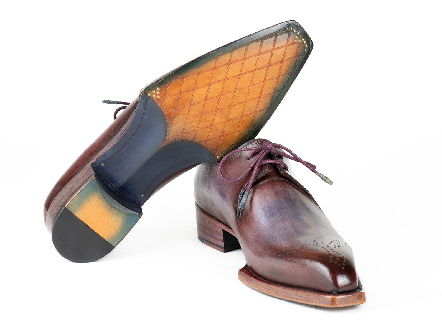 The Paul Parkman Goodyear Welted Derby Shoes in Ice Blue & Bordeaux, known for their meticulous hand-painted details and fine stitching, are the epitome of elegance in handmade derby shoes.