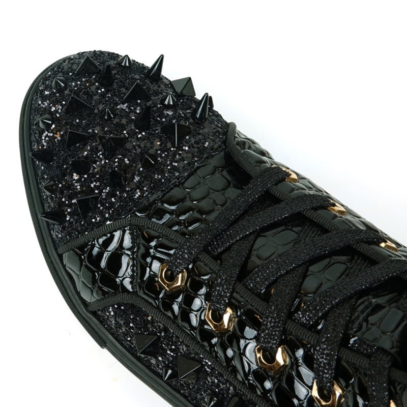 The FI-2369 Black Spikes High Top Sneakers from Fiesso feature a leather upper with glossy scales, shiny black spikes, and a side zipper on a white background.