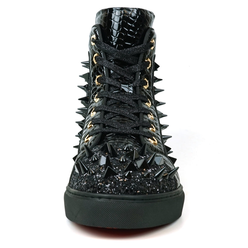 The FI-2369 Black Spikes High Top Sneakers from Fiesso feature a leather upper with glossy scales, shiny black spikes, and a side zipper on a white background.