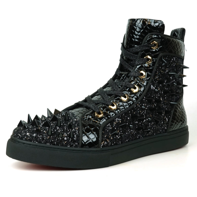 The FI-2369 Black Spikes High Top Sneakers from Fiesso feature a leather upper with glossy scales, shiny black spikes, and a side zipper on a white background.