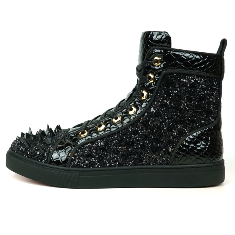 The FI-2369 Black Spikes High Top Sneakers from Fiesso feature a leather upper with glossy scales, shiny black spikes, and a side zipper on a white background.