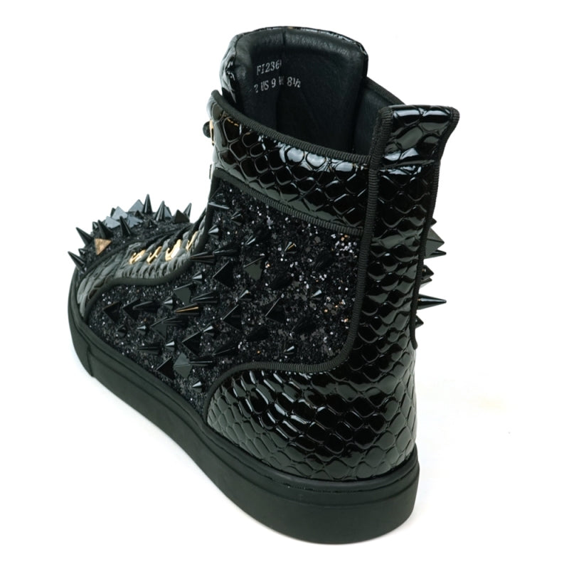 The FI-2369 Black Spikes High Top Sneakers from Fiesso feature a leather upper with glossy scales, shiny black spikes, and a side zipper on a white background.