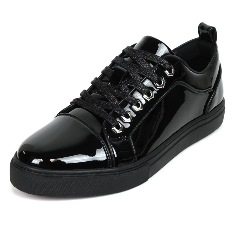 The FI-2415-2 Black Patent Lace up Low Cut Leather Sneakers by Fiesso feature glossy black patent leather, black laces, and metal eyelets on a white background, along with a cushioned insole for enhanced comfort.