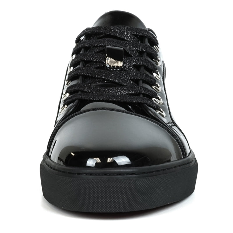 The FI-2415-2 Black Patent Lace up Low Cut Leather Sneakers by Fiesso feature glossy black patent leather, black laces, and metal eyelets on a white background, along with a cushioned insole for enhanced comfort.
