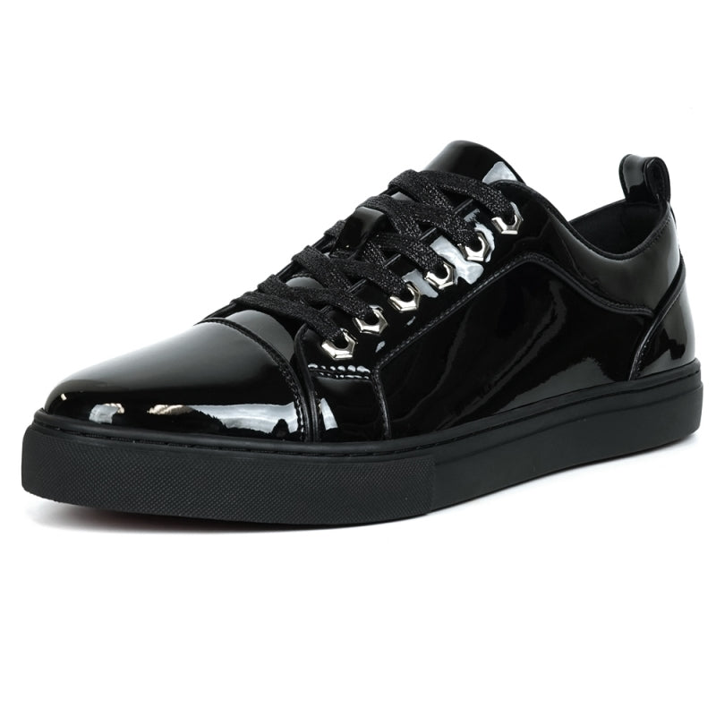 The FI-2415-2 Black Patent Lace up Low Cut Leather Sneakers by Fiesso feature glossy black patent leather, black laces, and metal eyelets on a white background, along with a cushioned insole for enhanced comfort.