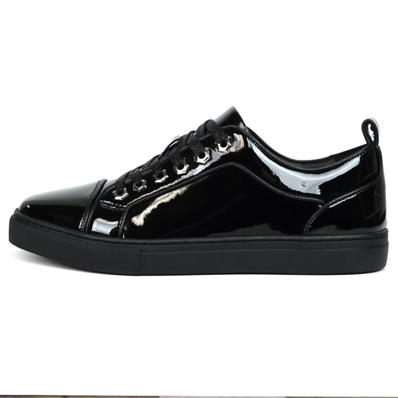 The FI-2415-2 Black Patent Lace up Low Cut Leather Sneakers by Fiesso feature glossy black patent leather, black laces, and metal eyelets on a white background, along with a cushioned insole for enhanced comfort.