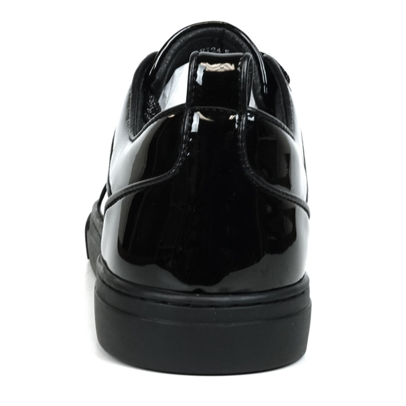 The FI-2415-2 Black Patent Lace up Low Cut Leather Sneakers by Fiesso feature glossy black patent leather, black laces, and metal eyelets on a white background, along with a cushioned insole for enhanced comfort.