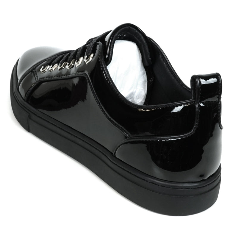 The FI-2415-2 Black Patent Lace up Low Cut Leather Sneakers by Fiesso feature glossy black patent leather, black laces, and metal eyelets on a white background, along with a cushioned insole for enhanced comfort.