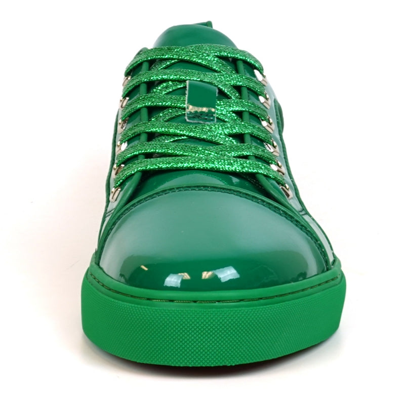 The Fiesso FI-2415-2 is a shiny green patent leather low-cut sneaker with matching green laces and a green rubber sole, ideal for enhancing any casual outfit.
