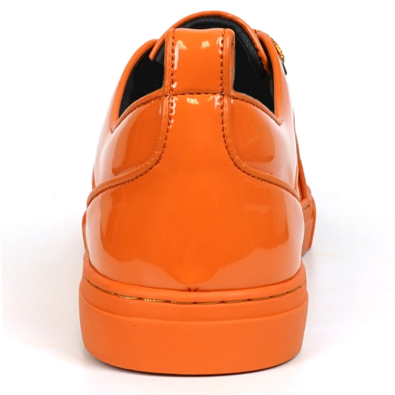 The Fiesso FI-2415-2 Orange Patent Lace-up Low-Cut Leather Sneaker boasts shiny orange patent leather and matching laces, designed for men's casual wear. Set against a crisp white backdrop, these sneakers stylishly blend comfort and trendiness.