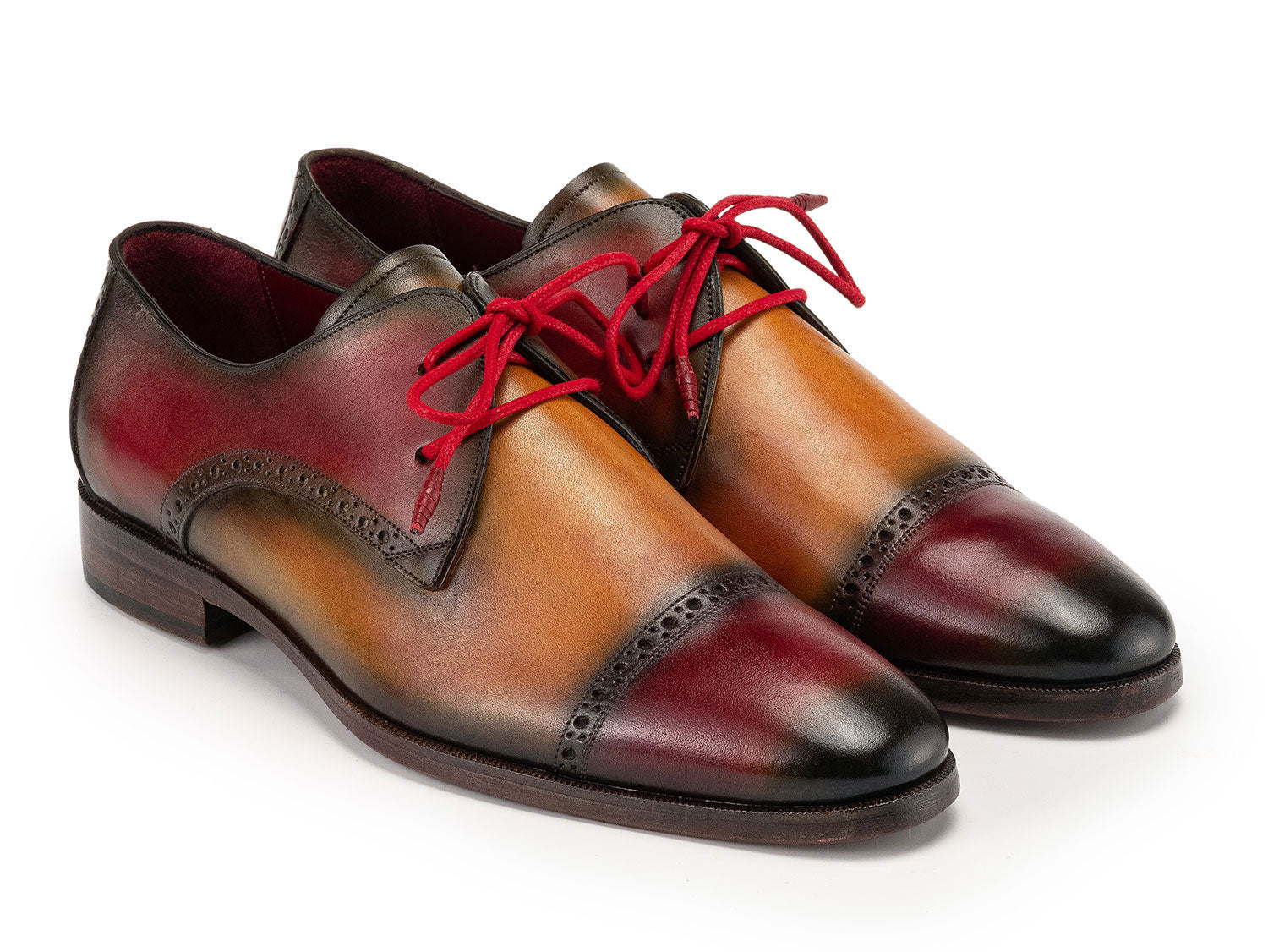 Paul Parkman Multicolored Cap Toe Derby Shoes (1247-MLT): hand-painted brown and burgundy leather men's derbies with decorative perforations and bright red laces by Paul Parkman, shown on a white background.