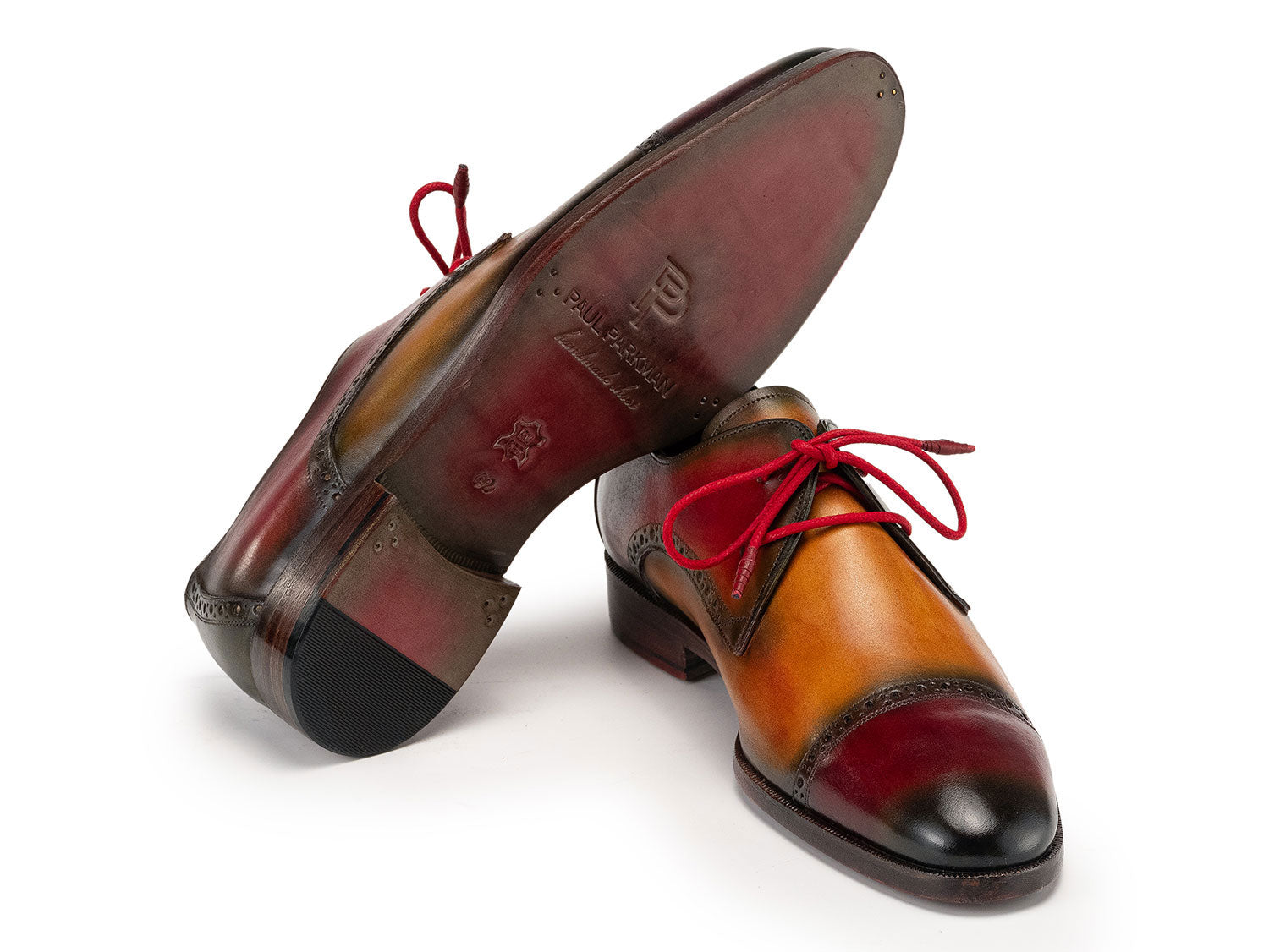 Paul Parkman Multicolored Cap Toe Derby Shoes (1247-MLT): hand-painted brown and burgundy leather men's derbies with decorative perforations and bright red laces by Paul Parkman, shown on a white background.
