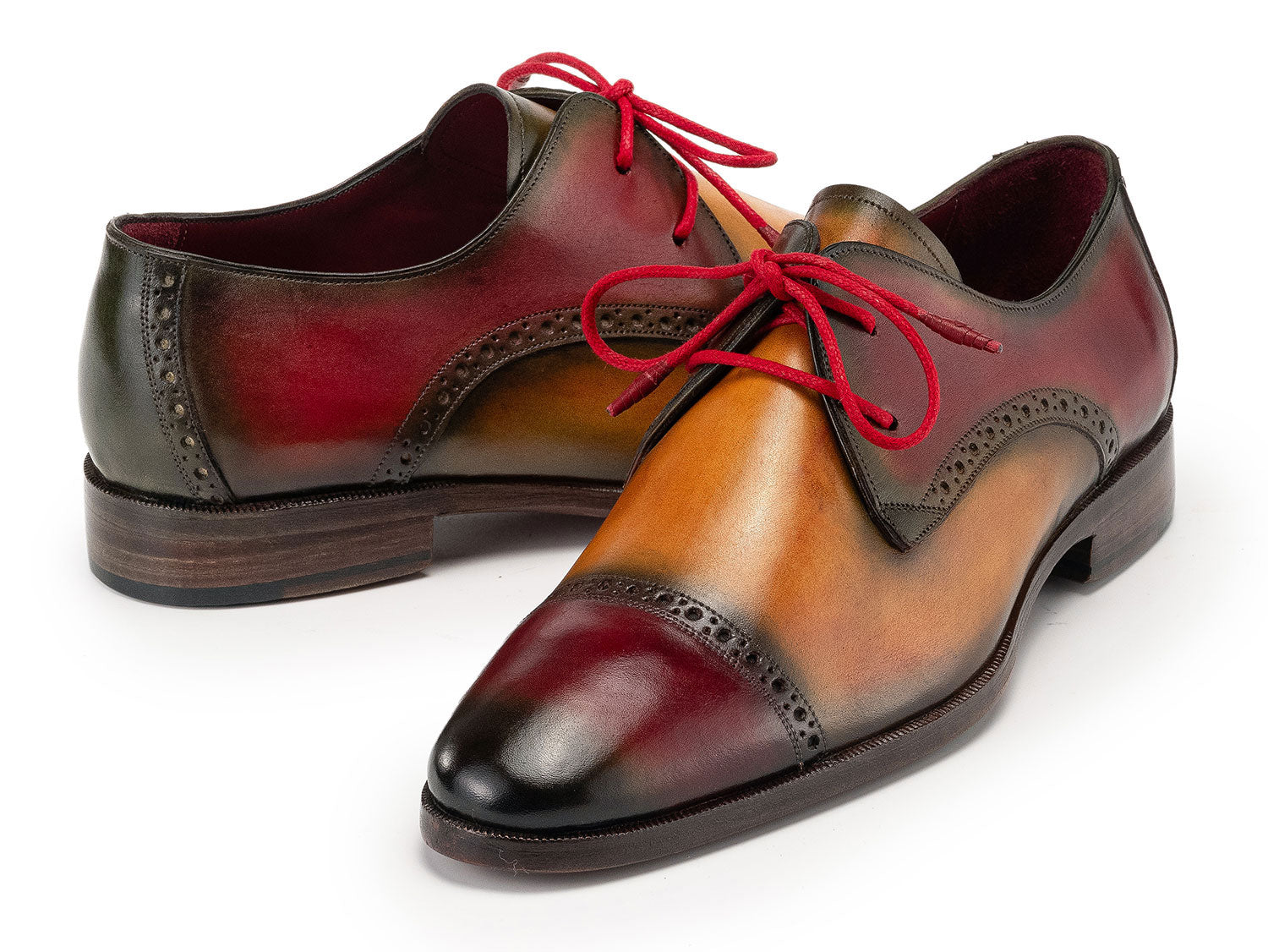 Paul Parkman Multicolored Cap Toe Derby Shoes (1247-MLT): hand-painted brown and burgundy leather men's derbies with decorative perforations and bright red laces by Paul Parkman, shown on a white background.