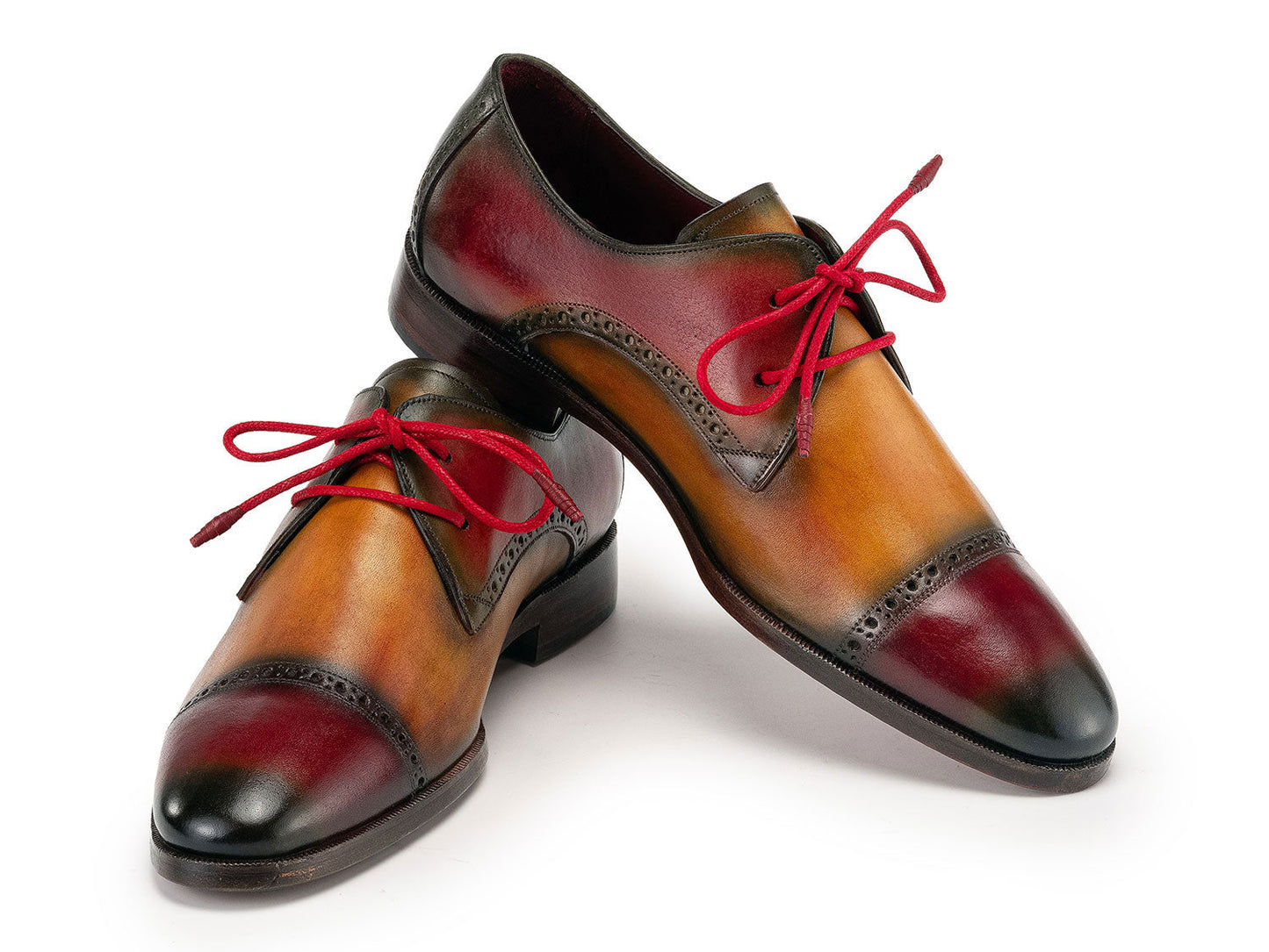 Paul Parkman Multicolored Cap Toe Derby Shoes (1247-MLT): hand-painted brown and burgundy leather men's derbies with decorative perforations and bright red laces by Paul Parkman, shown on a white background.