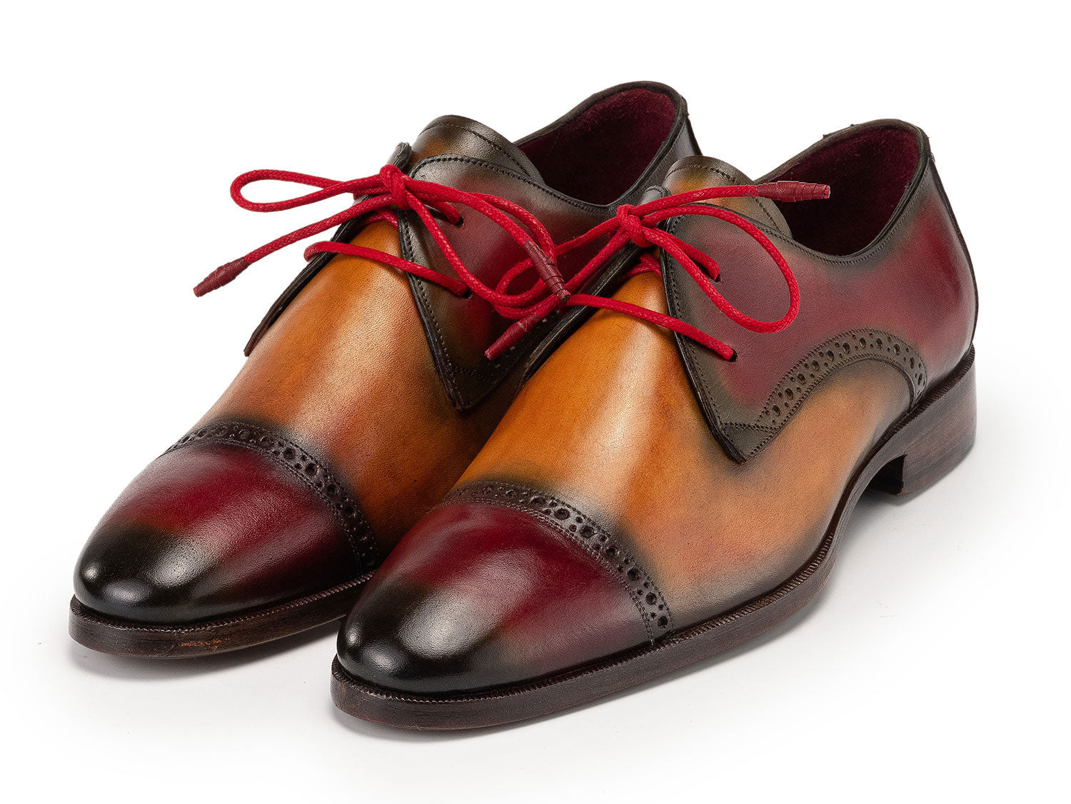 Paul Parkman Multicolored Cap Toe Derby Shoes (1247-MLT): hand-painted brown and burgundy leather men's derbies with decorative perforations and bright red laces by Paul Parkman, shown on a white background.