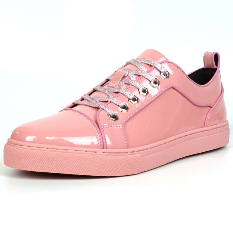 Close-up of the Fiesso FI-2415-2 sneaker in shiny pink patent leather, featuring sparkly pink laces, metallic eyelets, and a cushioned insole for ultimate comfort.