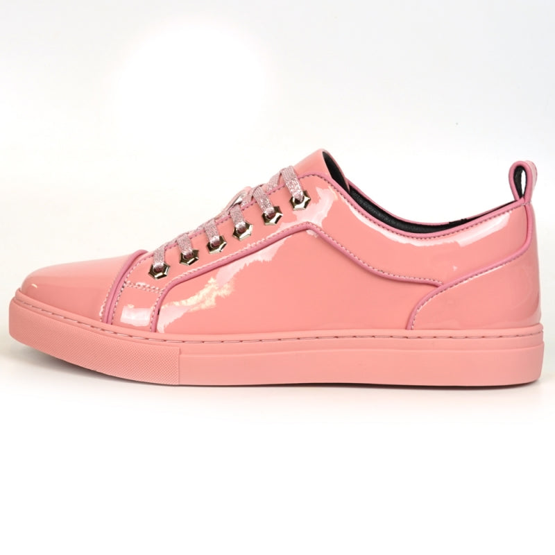 Close-up of the Fiesso FI-2415-2 sneaker in shiny pink patent leather, featuring sparkly pink laces, metallic eyelets, and a cushioned insole for ultimate comfort.