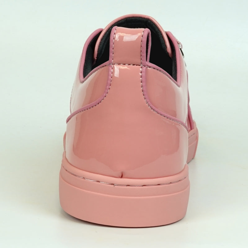 Close-up of the Fiesso FI-2415-2 sneaker in shiny pink patent leather, featuring sparkly pink laces, metallic eyelets, and a cushioned insole for ultimate comfort.