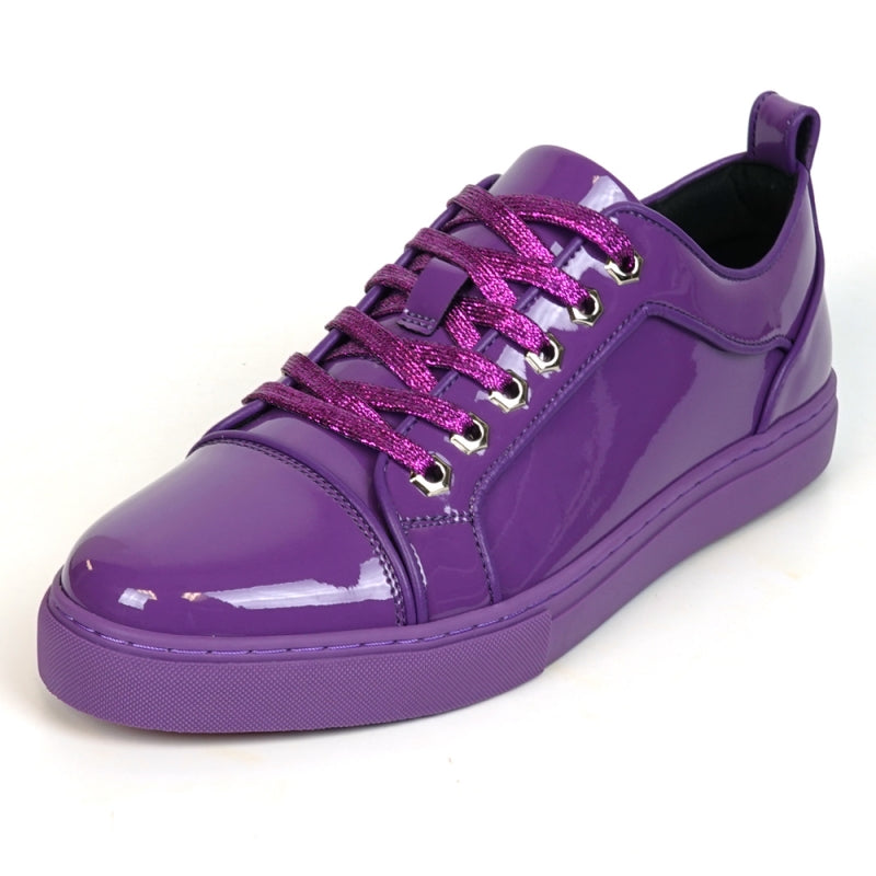 Close-up of Fiesso's FI-2415-2 Purple Patent Lace up Low Cut Leather Sneaker, featuring glossy patent leather, glittery laces, and metal eyelets for comfortable men's casual wear.