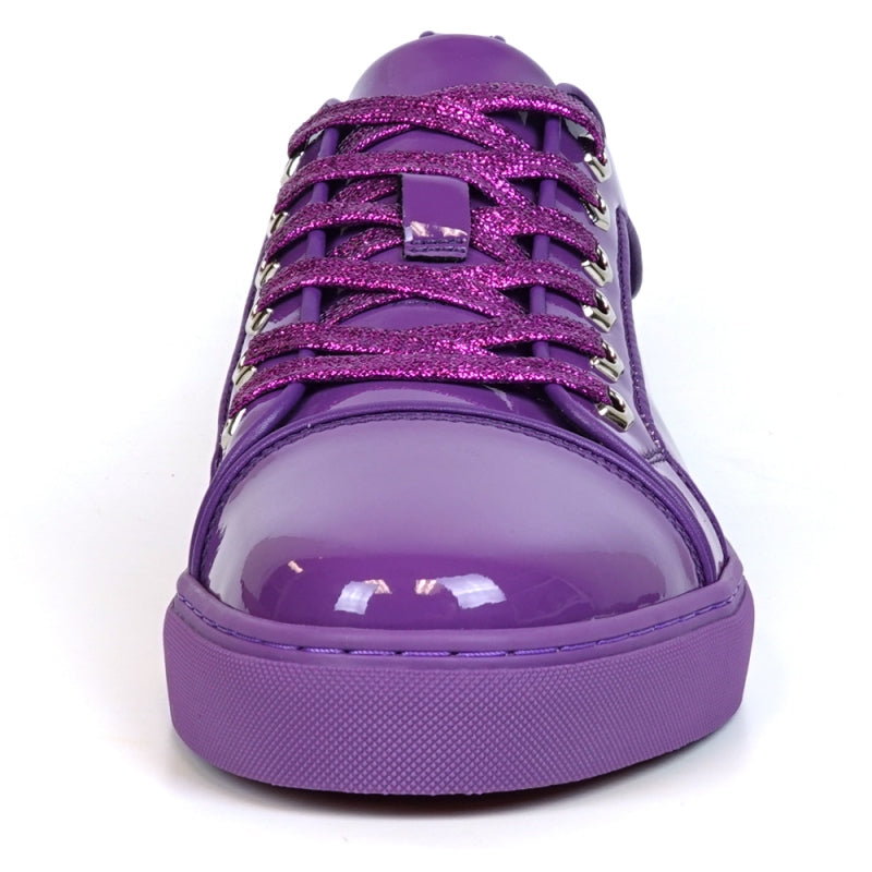 Close-up of Fiesso's FI-2415-2 Purple Patent Lace up Low Cut Leather Sneaker, featuring glossy patent leather, glittery laces, and metal eyelets for comfortable men's casual wear.