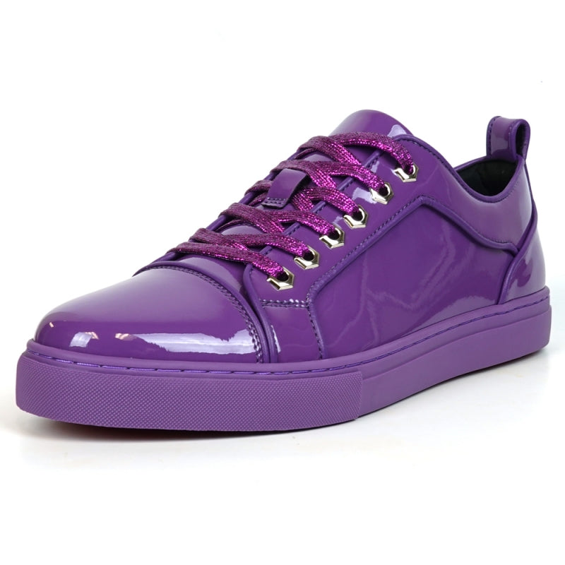 Close-up of Fiesso's FI-2415-2 Purple Patent Lace up Low Cut Leather Sneaker, featuring glossy patent leather, glittery laces, and metal eyelets for comfortable men's casual wear.