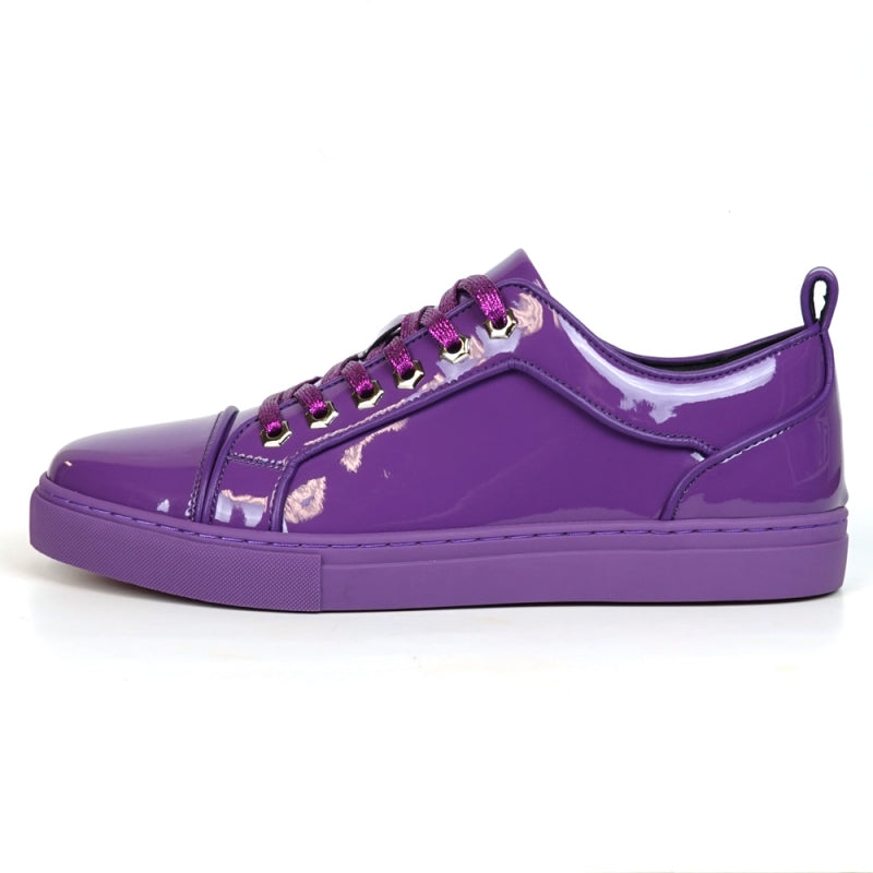Close-up of Fiesso's FI-2415-2 Purple Patent Lace up Low Cut Leather Sneaker, featuring glossy patent leather, glittery laces, and metal eyelets for comfortable men's casual wear.