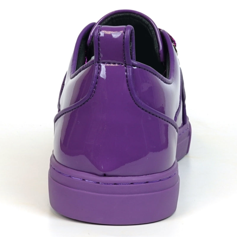 Close-up of Fiesso's FI-2415-2 Purple Patent Lace up Low Cut Leather Sneaker, featuring glossy patent leather, glittery laces, and metal eyelets for comfortable men's casual wear.