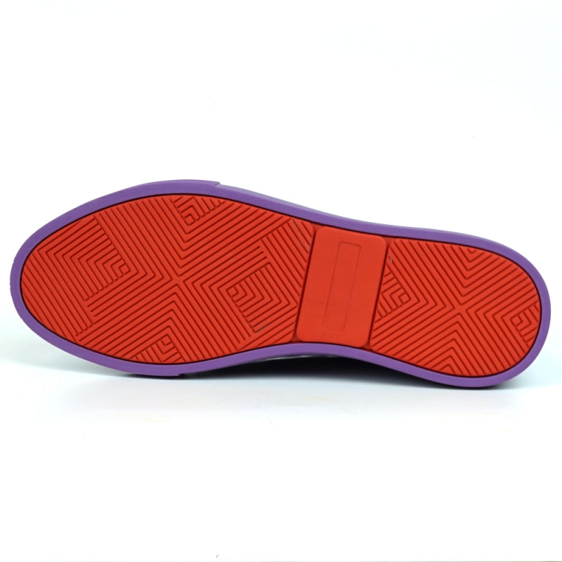 Close-up of Fiesso's FI-2415-2 Purple Patent Lace up Low Cut Leather Sneaker, featuring glossy patent leather, glittery laces, and metal eyelets for comfortable men's casual wear.