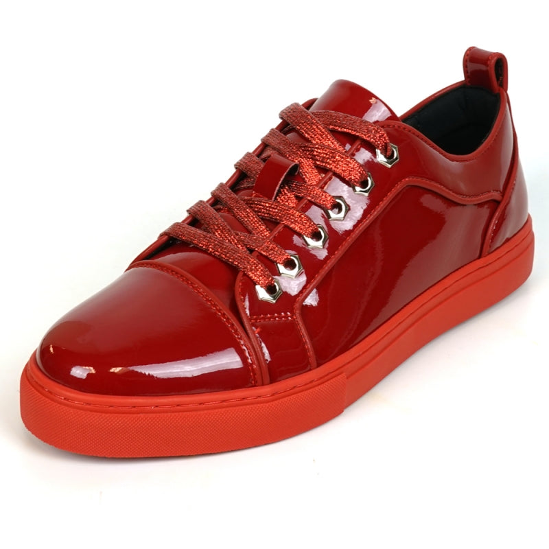 Fiesso's FI-2415-2 Red Patent Lace-up Low Cut Leather Sneaker is striking with its red patent finish, vibrant laces, bold rubber sole, and a glitter upper that adds a glamorous touch—perfect for those seeking style and flair.
