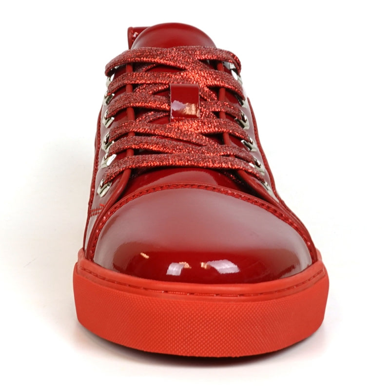 Fiesso's FI-2415-2 Red Patent Lace-up Low Cut Leather Sneaker is striking with its red patent finish, vibrant laces, bold rubber sole, and a glitter upper that adds a glamorous touch—perfect for those seeking style and flair.
