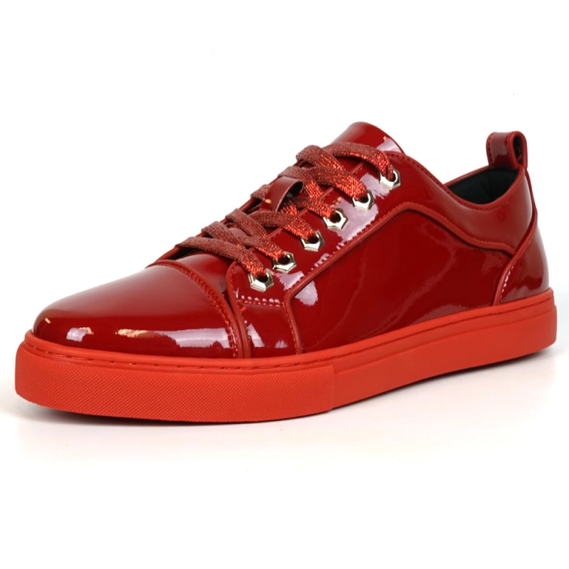 Fiesso's FI-2415-2 Red Patent Lace-up Low Cut Leather Sneaker is striking with its red patent finish, vibrant laces, bold rubber sole, and a glitter upper that adds a glamorous touch—perfect for those seeking style and flair.