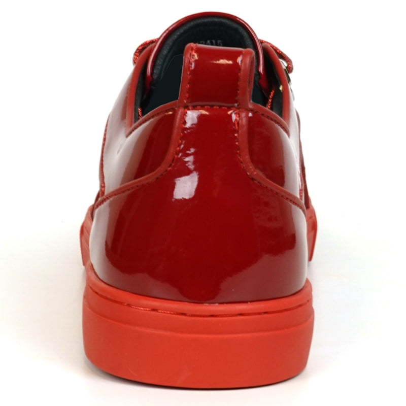 Fiesso's FI-2415-2 Red Patent Lace-up Low Cut Leather Sneaker is striking with its red patent finish, vibrant laces, bold rubber sole, and a glitter upper that adds a glamorous touch—perfect for those seeking style and flair.