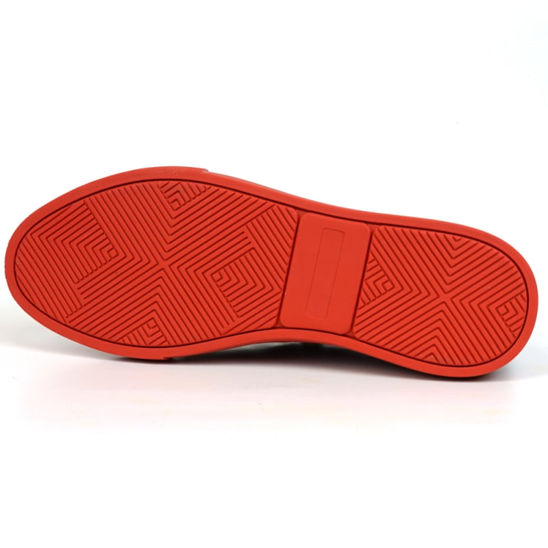 Fiesso's FI-2415-2 Red Patent Lace-up Low Cut Leather Sneaker is striking with its red patent finish, vibrant laces, bold rubber sole, and a glitter upper that adds a glamorous touch—perfect for those seeking style and flair.