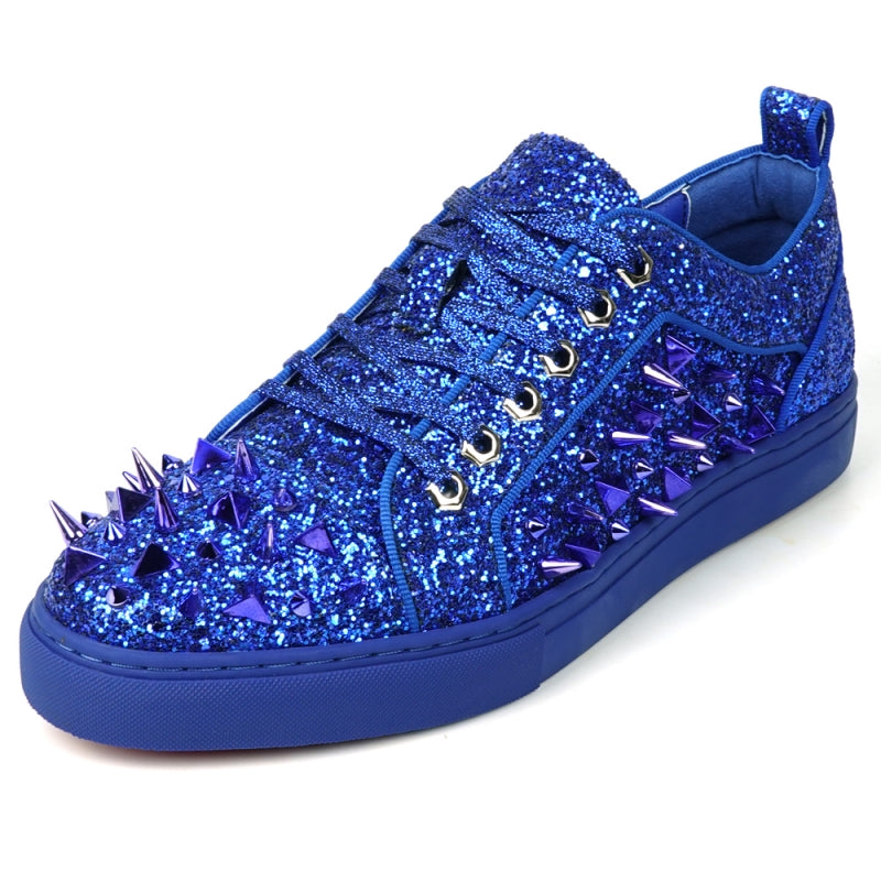 The FI-2429 Navy Glitter Navy Spikes Low Cut Sneaker by Fiesso stuns with dazzling glitter and striking metallic spikes.