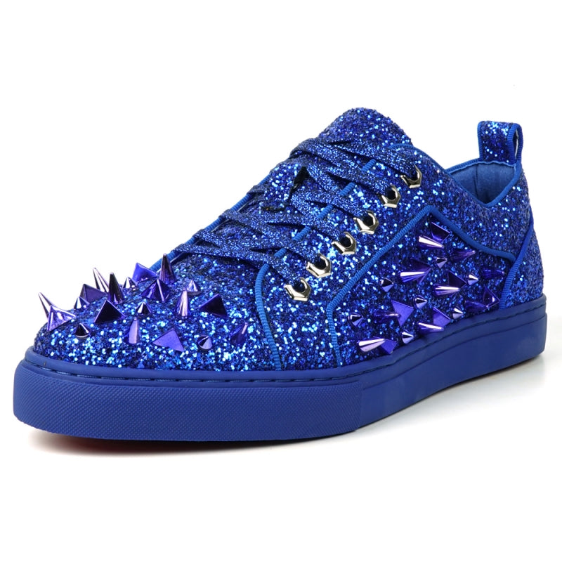 The FI-2429 Navy Glitter Navy Spikes Low Cut Sneaker by Fiesso stuns with dazzling glitter and striking metallic spikes.