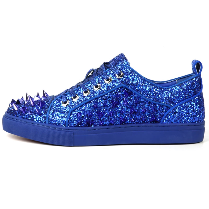 The FI-2429 Navy Glitter Navy Spikes Low Cut Sneaker by Fiesso stuns with dazzling glitter and striking metallic spikes.