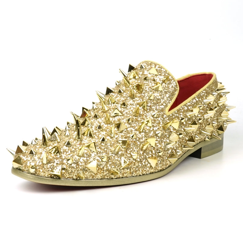 The FI-7517 Gold Glitter Slip on Loafer by Fiesso features a pony hair upper with sharp conical gold spikes and a red inner lining.