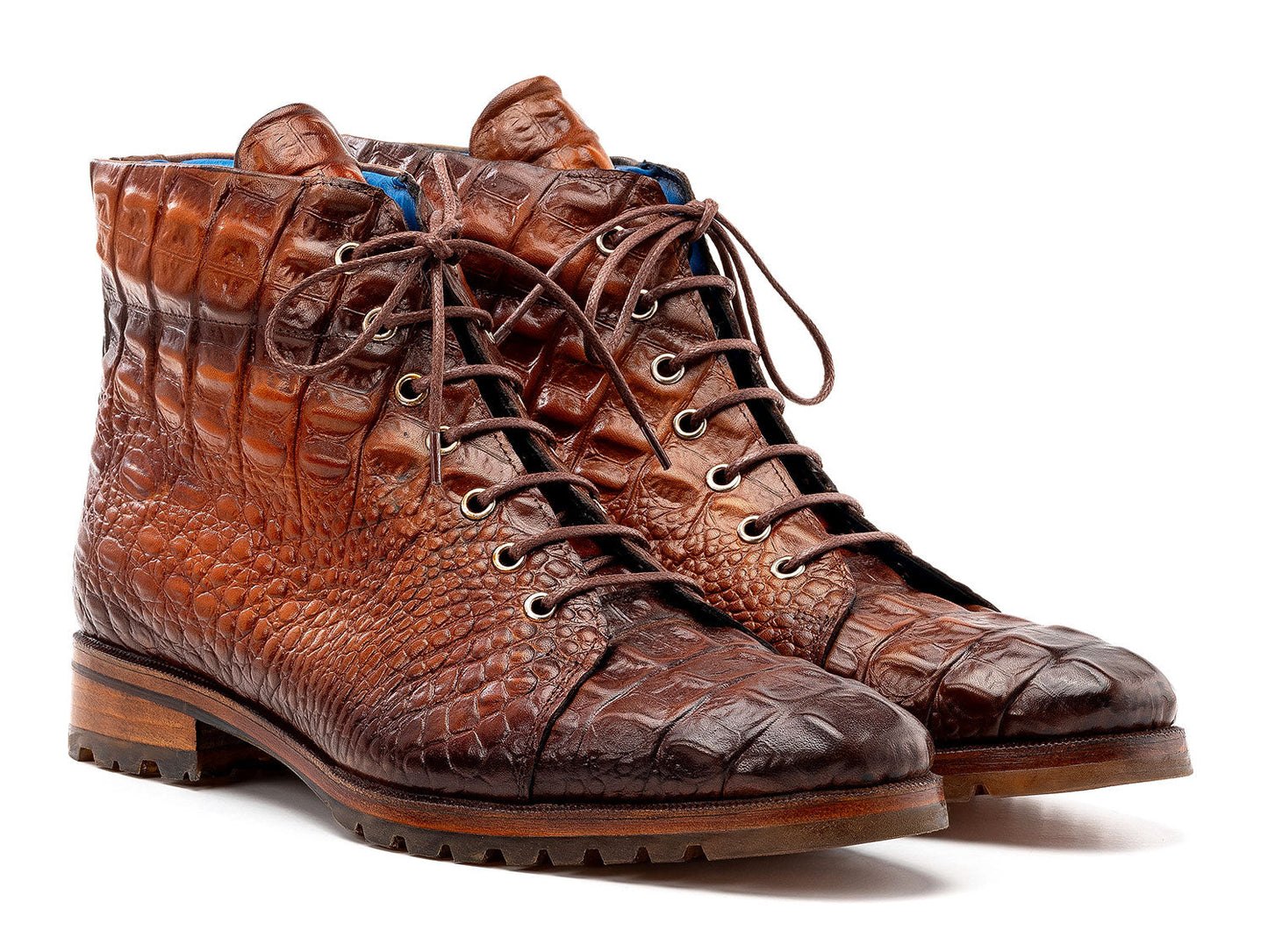 Paul Parkman Men's Brown Croco Embossed Leather Boots - 12811-BRW feature a textured surface, lace-up design with metal eyelets, and rugged rubber soles.