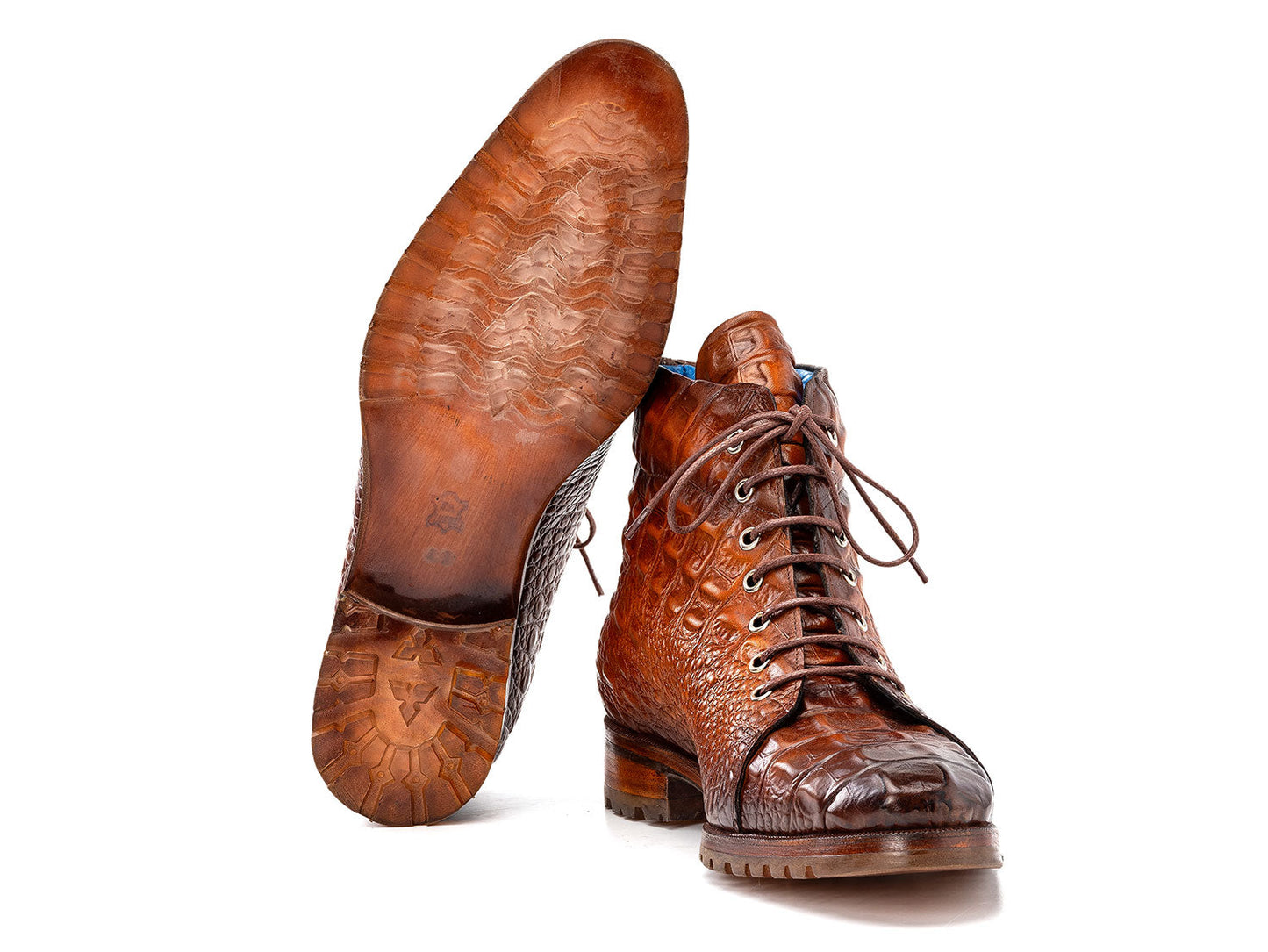 Paul Parkman Men's Brown Croco Embossed Leather Boots - 12811-BRW feature a textured surface, lace-up design with metal eyelets, and rugged rubber soles.